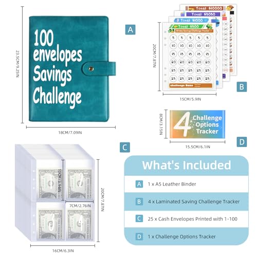 DONBAO 100 Envelopes Money Saving Challenge Binder, Fun and Easy Savings System to Save $5,050, $10,000, $500, $1,000, A5 Budget Binder Planner Book Tracker with Cash Envelopes, Guide (Blue) - Image 2