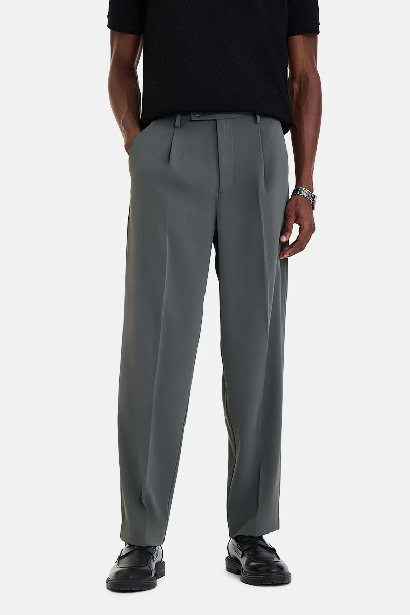 SNITCH Dark Grey Textured Loose Fit Formal Trousers