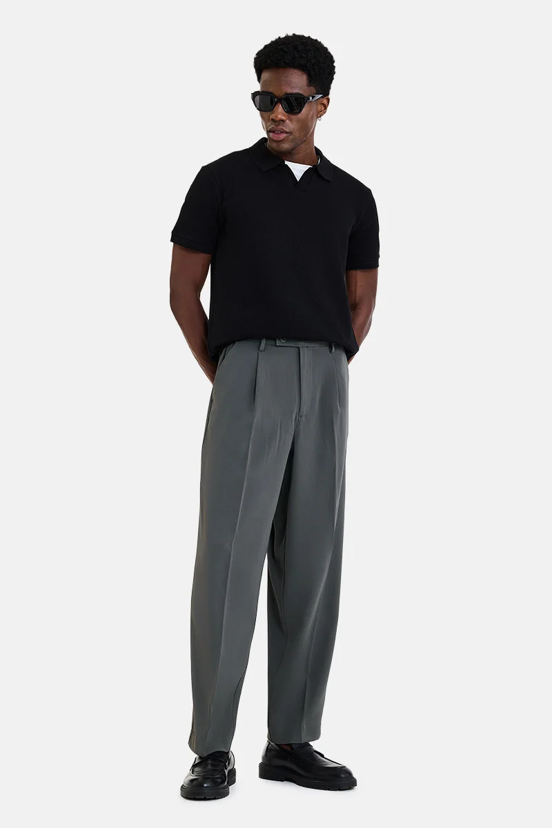 SNITCH Dark Grey Textured Loose Fit Formal Trousers