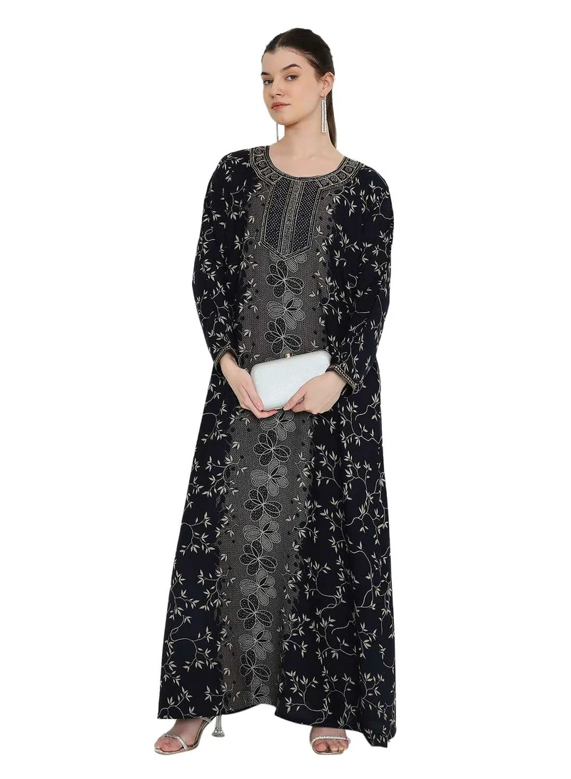 HANA & SARA Jalabiya with Central Floral Panel & Embellished Neckline