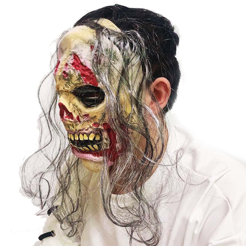 Creepy Halloween Skull Mask with Wig, Scary Half Head Skeleton Headgear, Realistic Cosplay Latex Horror Mask for Men & Women Adults Costume Party - Image 2