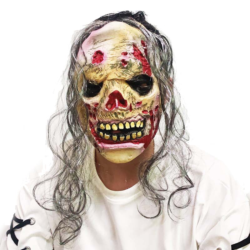 Creepy Halloween Skull Mask with Wig, Scary Half Head Skeleton Headgear, Realistic Cosplay Latex Horror Mask for Men & Women Adults Costume Party - Image 1