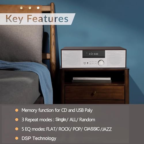 LONPOO Stereo Shelf System for Home, Vintage CD Player 40W RMS Micro Mini System with Remote Control, Bluetooth, FM Radio, USB MP3 Playback & Aux-in,Silver - Image 5