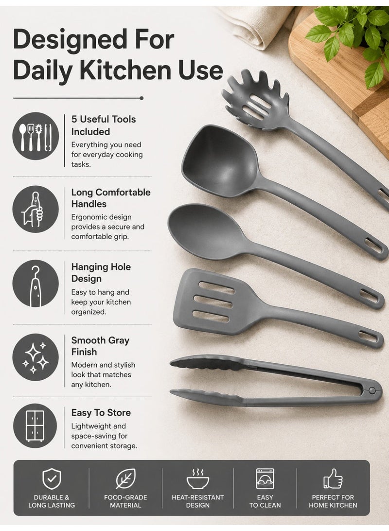 5-Piece Gray Kitchen Utensil Set, Heat-Resistant Cooking Tools, Food-Grade Plastic Kitchen Accessories with Ergonomic Handles - Image 3