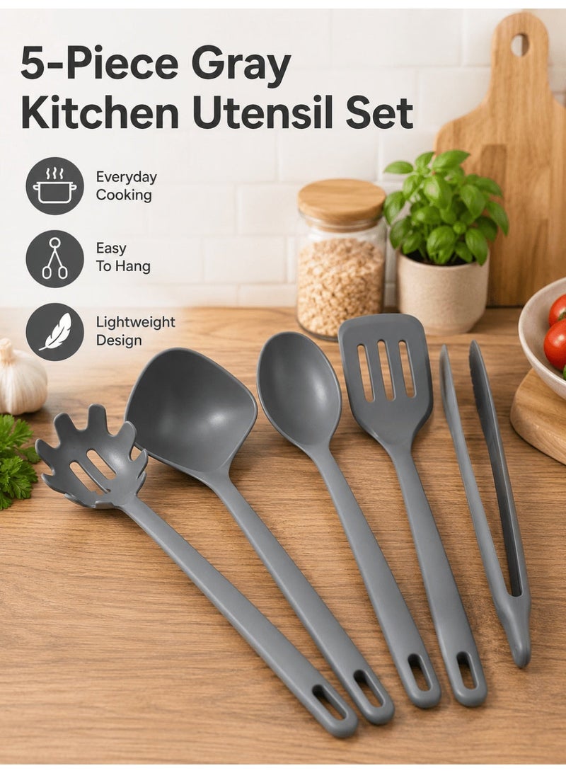 5-Piece Gray Kitchen Utensil Set, Heat-Resistant Cooking Tools, Food-Grade Plastic Kitchen Accessories with Ergonomic Handles - Image 1