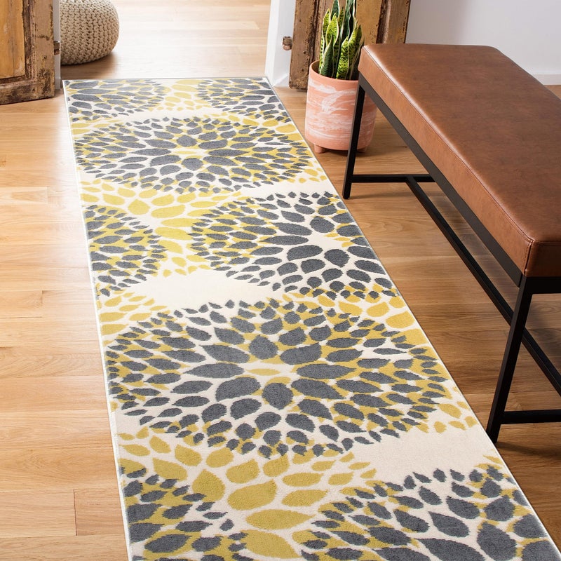 Rugshop Modern Yellow Floral Circles Design Area Rug â€“ Elegant Non-Shedding, 2' x 7' for Living Room, Bedroom, Dining Room, Kitchen - Image 1