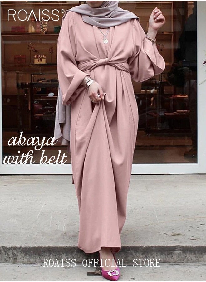 roaiss Abaya with Belt for Women Ladies Long Sleeve Dress Classic Style Long Sleeve Tunic Round Neck Casual Elegant Dress for Daily Outfit  - Image 1