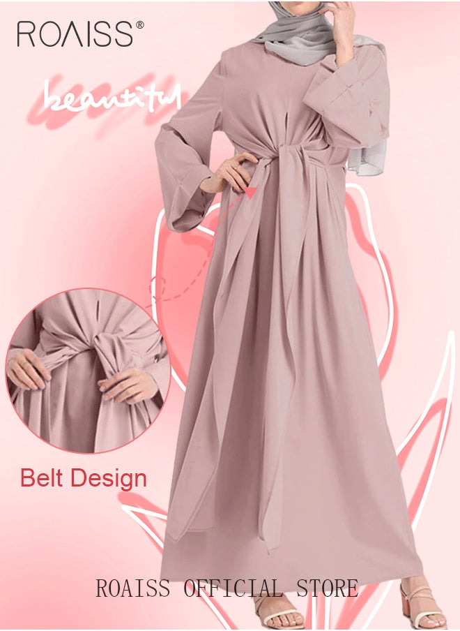 roaiss Abaya with Belt for Women Ladies Long Sleeve Dress Classic Style Long Sleeve Tunic Round Neck Casual Elegant Dress for Daily Outfit  - Image 2