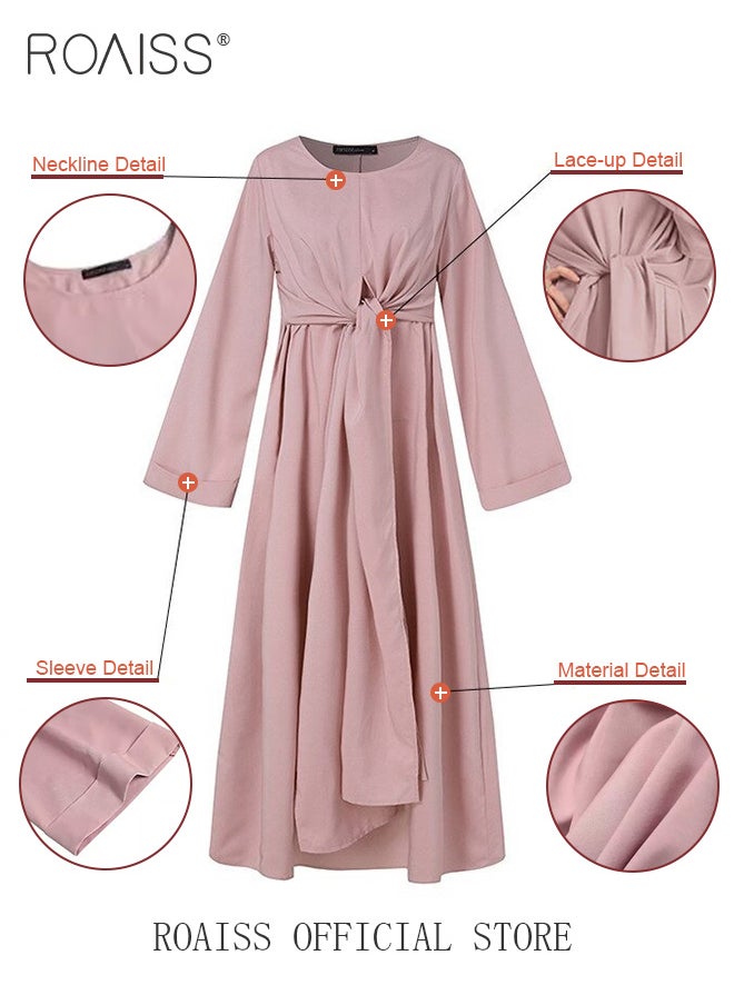 roaiss - Abaya with Belt for Women Ladies Long Sleeve Dress Classic Style Long Sleeve Tunic Round Neck Casual Elegant Dress for Daily Outfit - Image 1