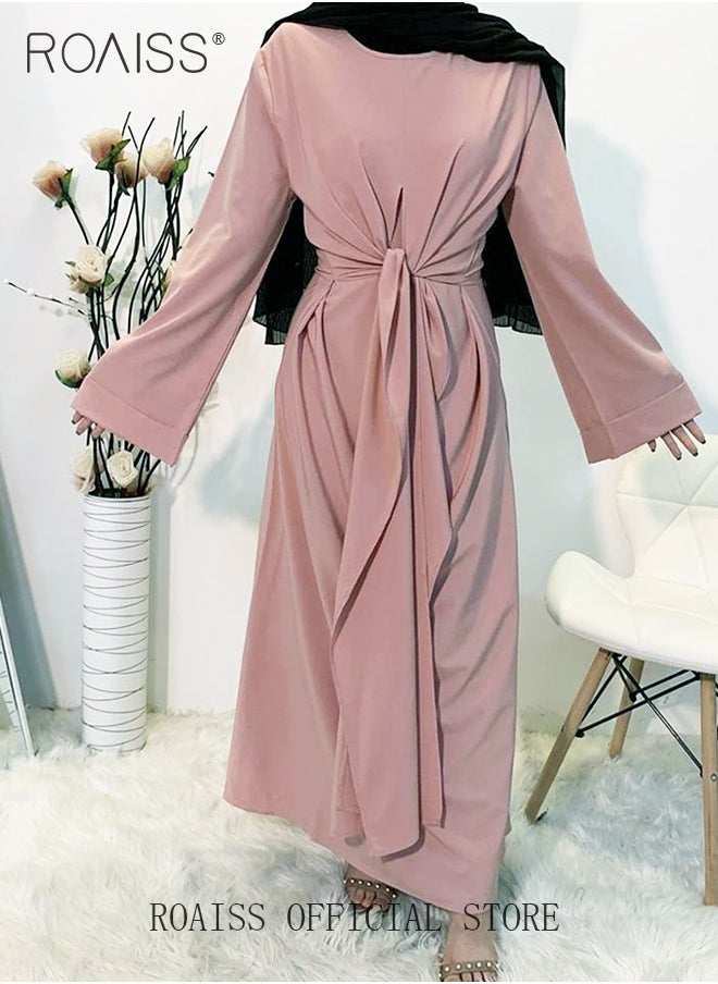 roaiss Abaya with Belt for Women Ladies Long Sleeve Dress Classic Style Long Sleeve Tunic Round Neck Casual Elegant Dress for Daily Outfit  - Image 3