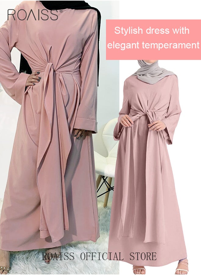 roaiss Abaya with Belt for Women Ladies Long Sleeve Dress Classic Style Long Sleeve Tunic Round Neck Casual Elegant Dress for Daily Outfit  - Image 5