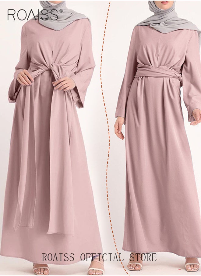roaiss - Abaya with Belt for Women Ladies Long Sleeve Dress Classic Style Long Sleeve Tunic Round Neck Casual Elegant Dress for Daily Outfit - Image 1