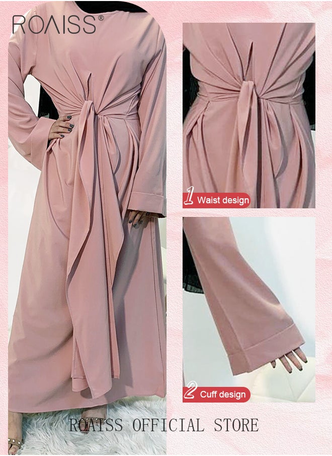 roaiss - Abaya with Belt for Women Ladies Long Sleeve Dress Classic Style Long Sleeve Tunic Round Neck Casual Elegant Dress for Daily Outfit - Image 1