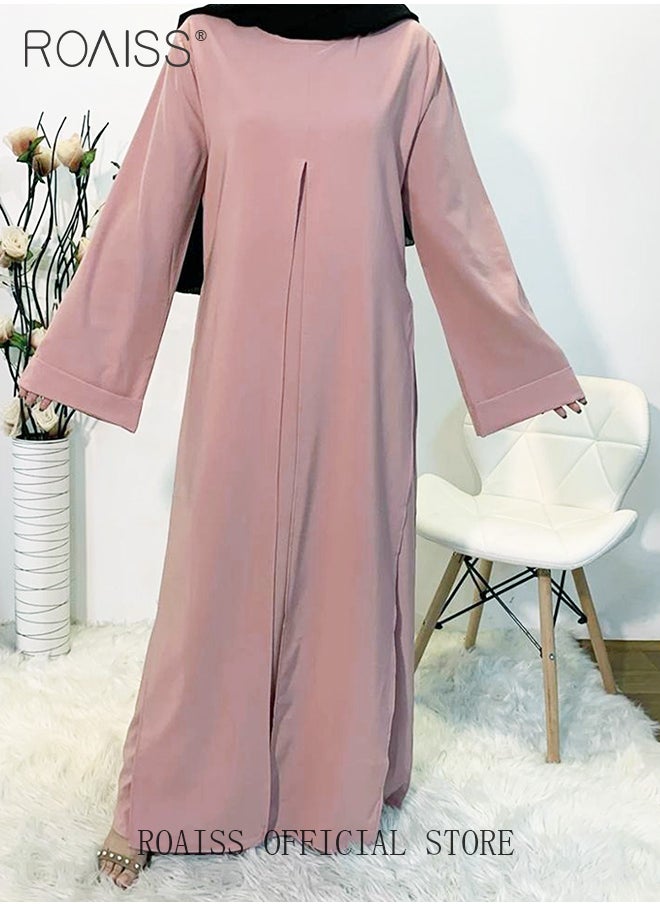 roaiss Abaya with Belt for Women Ladies Long Sleeve Dress Classic Style Long Sleeve Tunic Round Neck Casual Elegant Dress for Daily Outfit  - Image 4