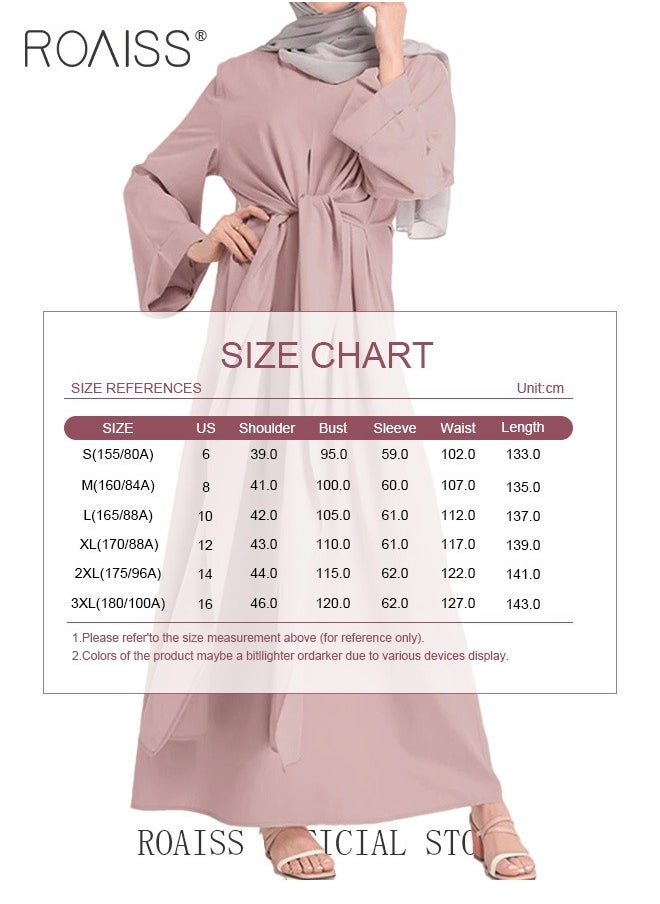 roaiss - Abaya with Belt for Women Ladies Long Sleeve Dress Classic Style Long Sleeve Tunic Round Neck Casual Elegant Dress for Daily Outfit - Image 1