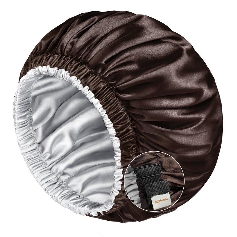 mikimini Satin Bonnet for Men and Women Reversible Double Layer Sleeping Bonnet for Hair Braids with Antislip Adjustable Elastic Band Super Soft XL Blacksilver