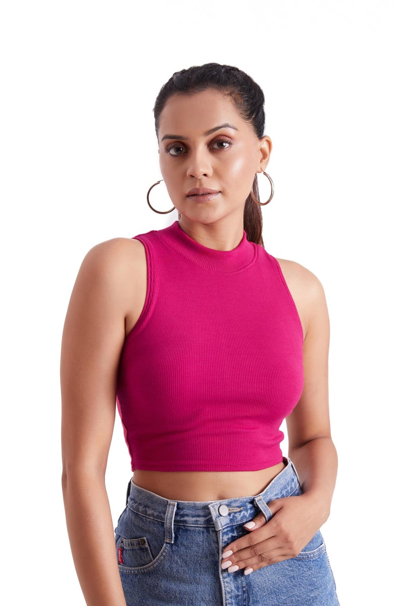 Berry&Bird High Neck Ribbed Sleeveless Tank Tops for Women & Girls Slim Fit Collarless Beach, Gym Wear Pink - Image 1