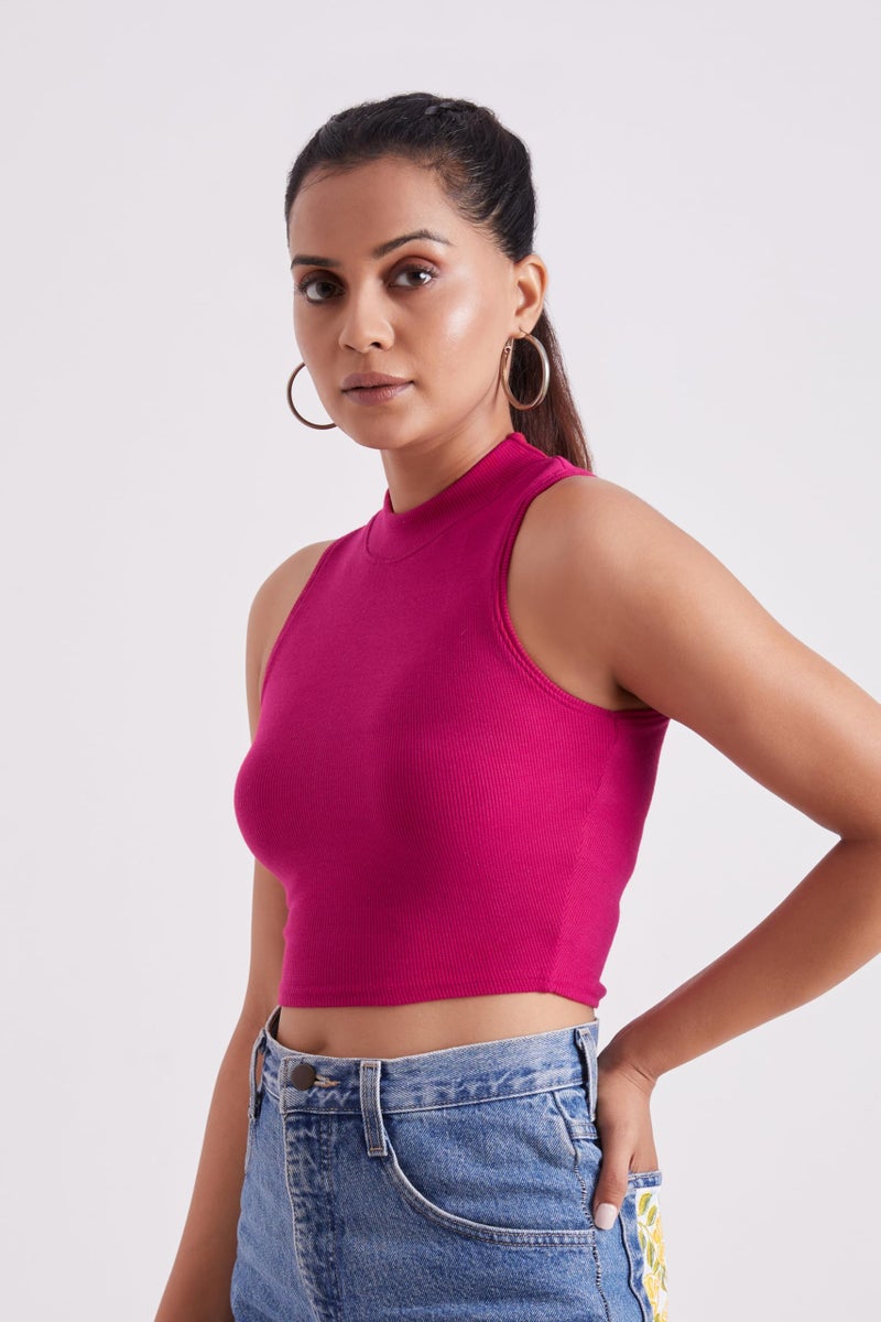 Berry&Bird High Neck Ribbed Sleeveless Tank Tops for Women & Girls Slim Fit Collarless Beach, Gym Wear Pink - Image 5