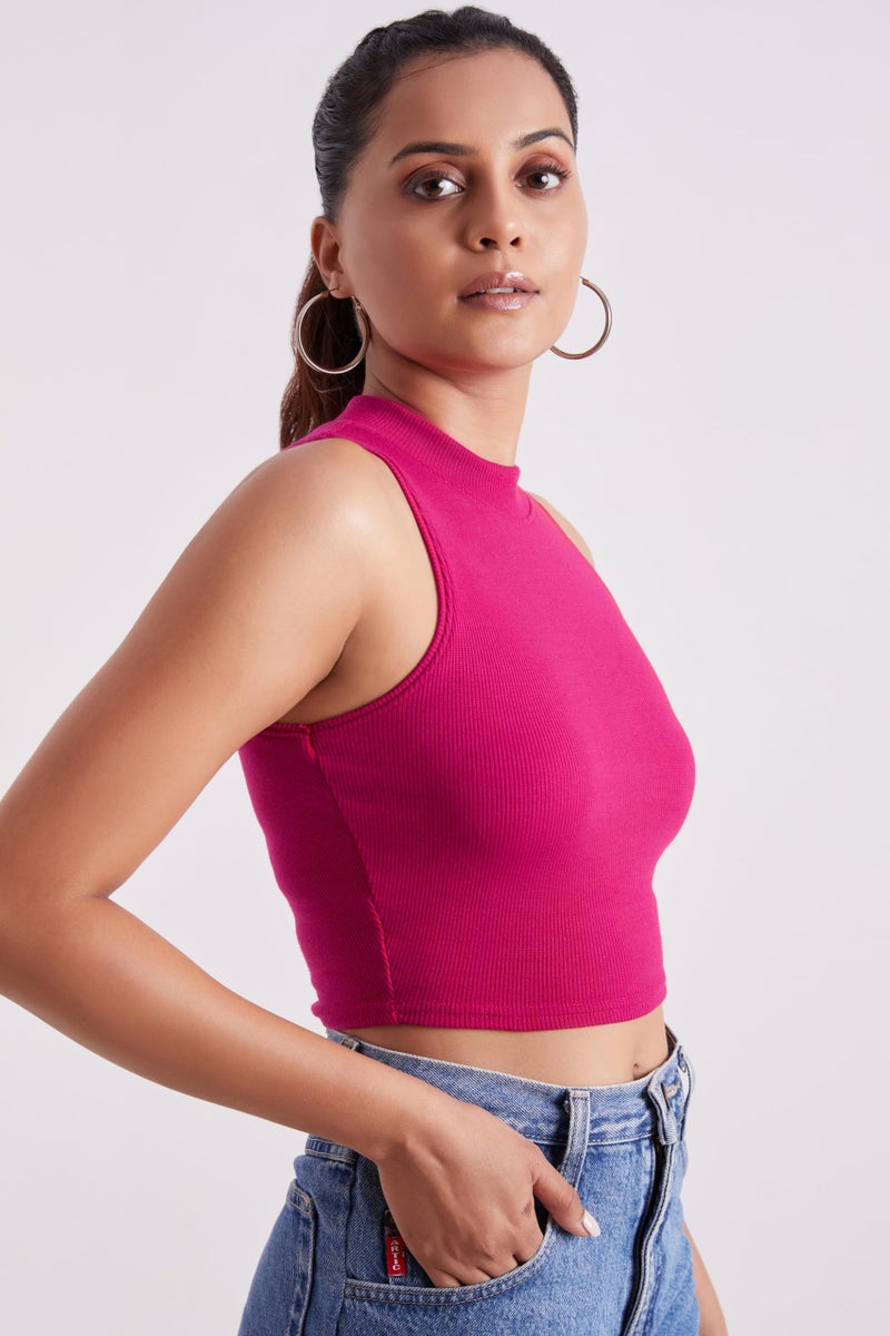 Berry&Bird High Neck Ribbed Sleeveless Tank Tops for Women & Girls Slim Fit Collarless Beach, Gym Wear Pink - Image 3