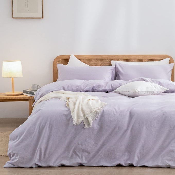 DUVET COVER SET 100 WASHED COTTON LINEN FEEL SUPER SOFT COMFORTABLE CHIC LIGHTWEIGHT 3 PCS HOME BEDDING SET SOLID TARO PURPLE QUEEN