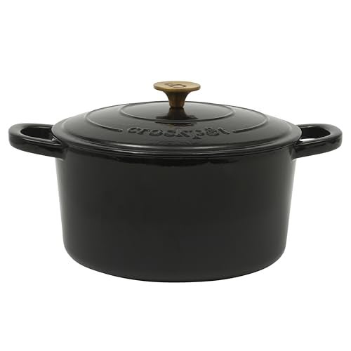 Crock-Pot Artisan 7-Quart Round Cast Iron Dutch Oven with Lid – Black with Gold Knob, Durable Oven Safe Cookware - Image 1