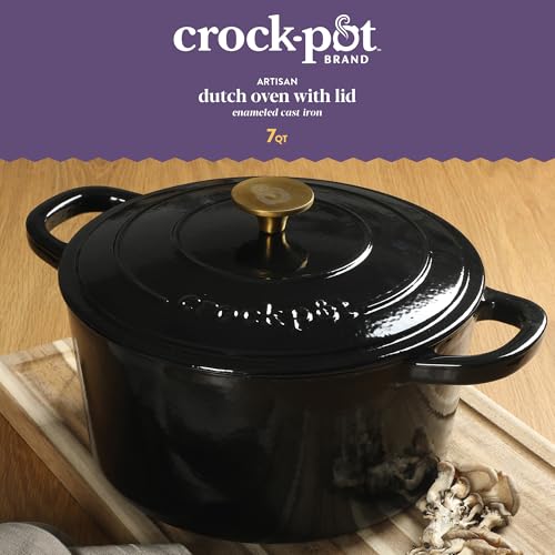 Crock-Pot Artisan 7-Quart Round Cast Iron Dutch Oven with Lid – Black with Gold Knob, Durable Oven Safe Cookware - Image 3