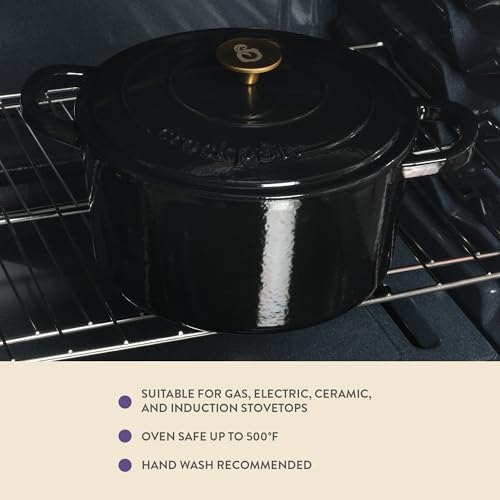 Crock-Pot Artisan 7-Quart Round Cast Iron Dutch Oven with Lid – Black with Gold Knob, Durable Oven Safe Cookware - Image 5