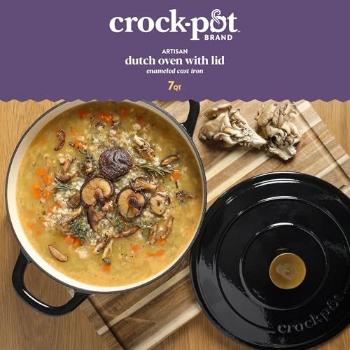 Crock-Pot Artisan 7-Quart Round Cast Iron Dutch Oven with Lid – Black with Gold Knob, Durable Oven Safe Cookware - Image 2