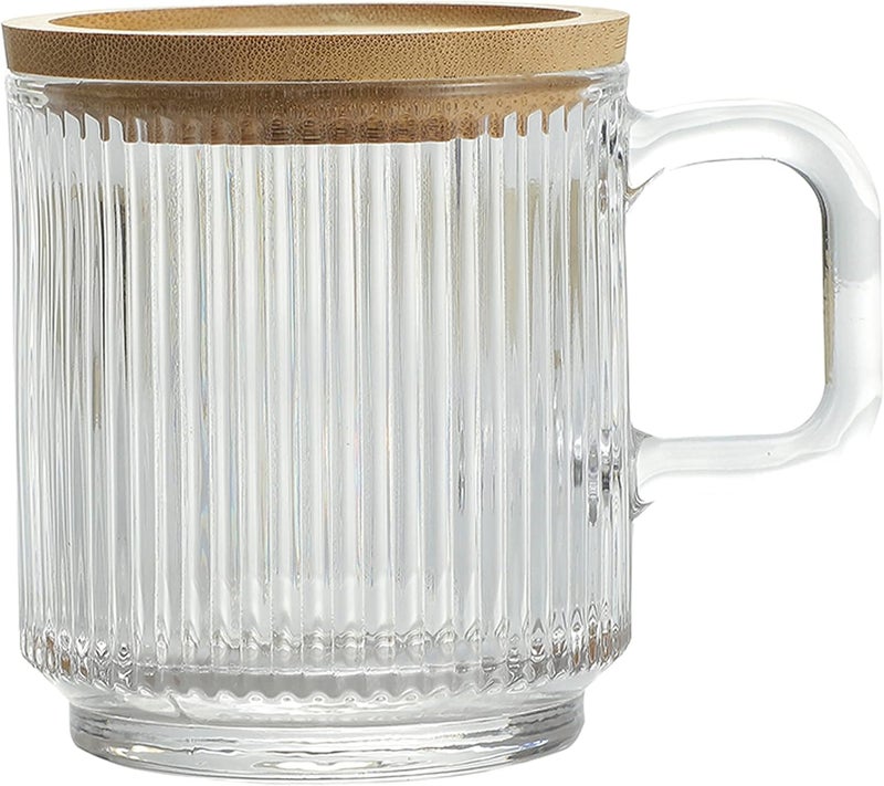 Lysenn Clear Glass Coffee Mug with Lid - Premium Classical Vertical Stripes Glass Tea Cup - for |Latte|Tea|Chocolate|Juice|Water| - Unleaded - Bamboo Lid - 12.5 Ounces - Image 1
