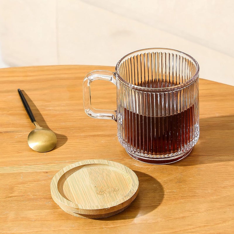 Lysenn Clear Glass Coffee Mug with Lid - Premium Classical Vertical Stripes Glass Tea Cup - for |Latte|Tea|Chocolate|Juice|Water| - Unleaded - Bamboo Lid - 12.5 Ounces - Image 4