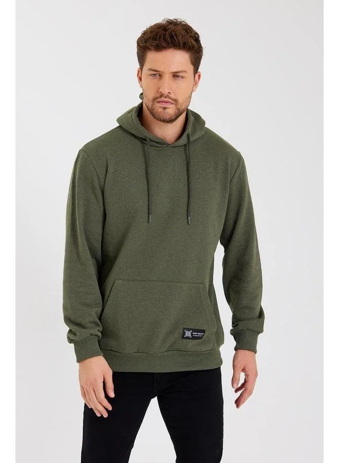 mmetalic Khaki Men's Hooded Sweatshirt with Kangaroo Pocket and Cotton Lining