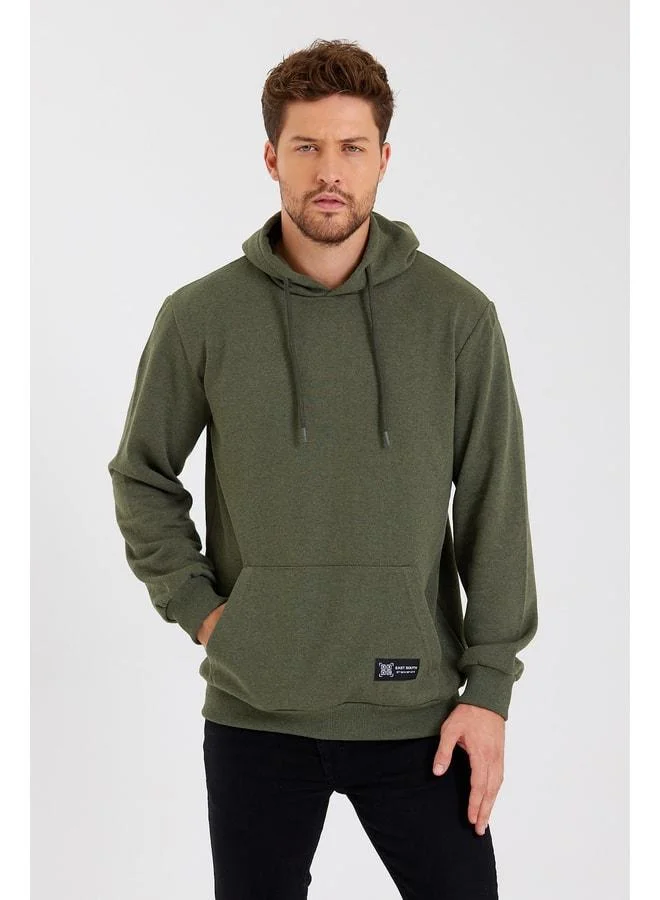 mmetalic Khaki Men's Hooded Sweatshirt with Kangaroo Pocket and Cotton Lining