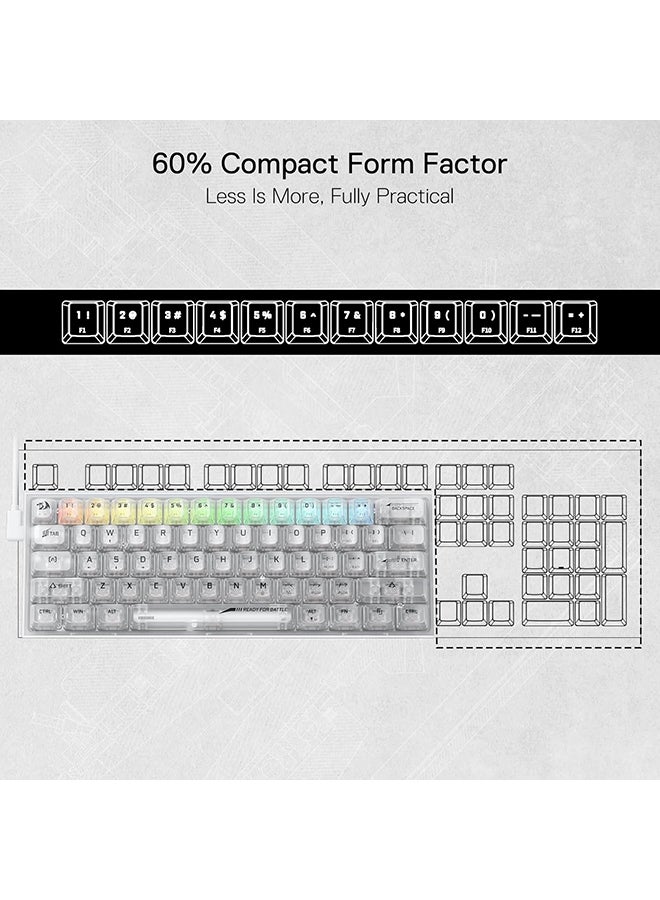 ريدراجون لوحة مفاتيح الألعاب السلكية RGB Redragon K617 SE بنسبة 60%، 61 مفتاحًا، لوحة مفاتيح ميكانيكية شفافة بالكامل مع لوحة شبه شفافة، مفتاح خطي مخصص، مدعوم ببرنامج تشغيل/برمجيات احترافية. - Image 4