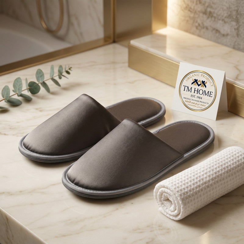 TM HOME Hotel Slippers, Natural Cotton, Satin Finish, Soft Comfortable One Size, Premium Hotel Quality, Grey - Image 1