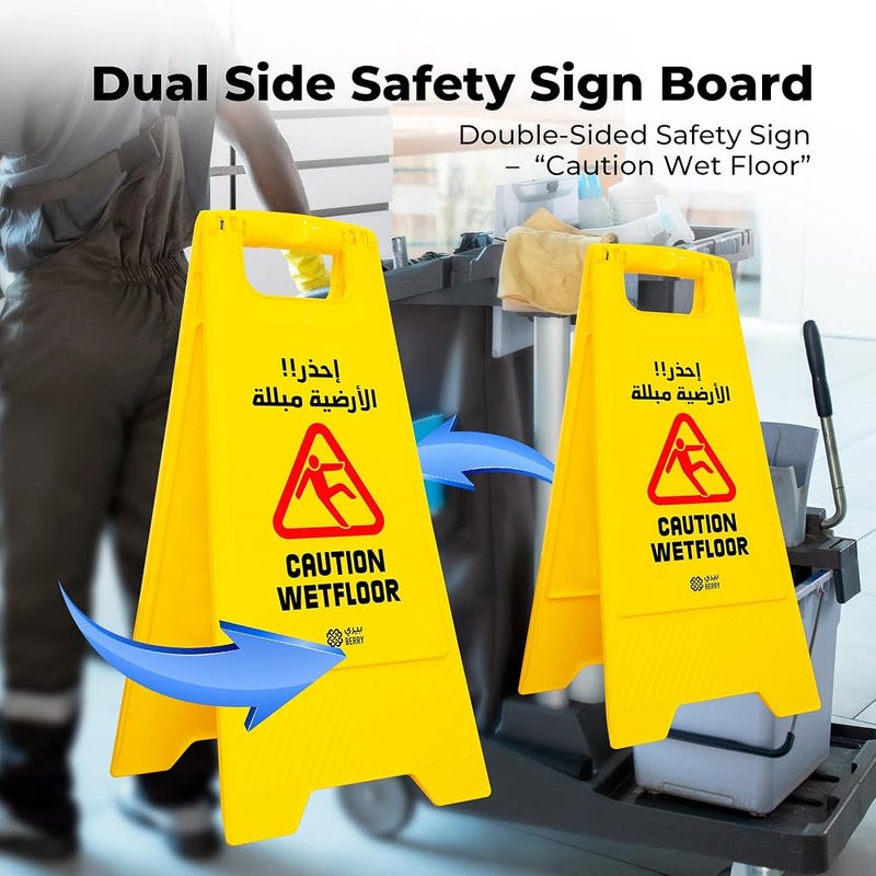Berrylook Caution Wet Floor Sign Yellow Foldable Double Sided Plastic Slippery Floor Warning Sign English Arabic Freestanding Safety Sign for Cleaning Malls Offices Restaurants - Pack of 2 - Image 4