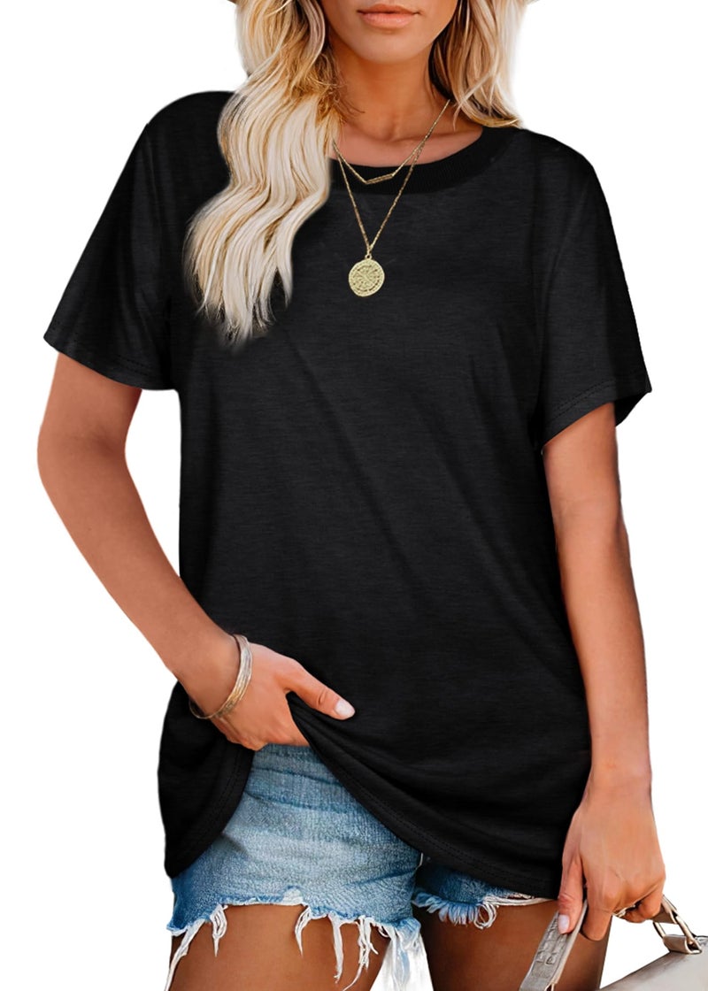 Jescakoo Womens Short Sleeve Tops Crewneck Black Tshirts Loose Fit Casual Tees Shirts XL - Image 2