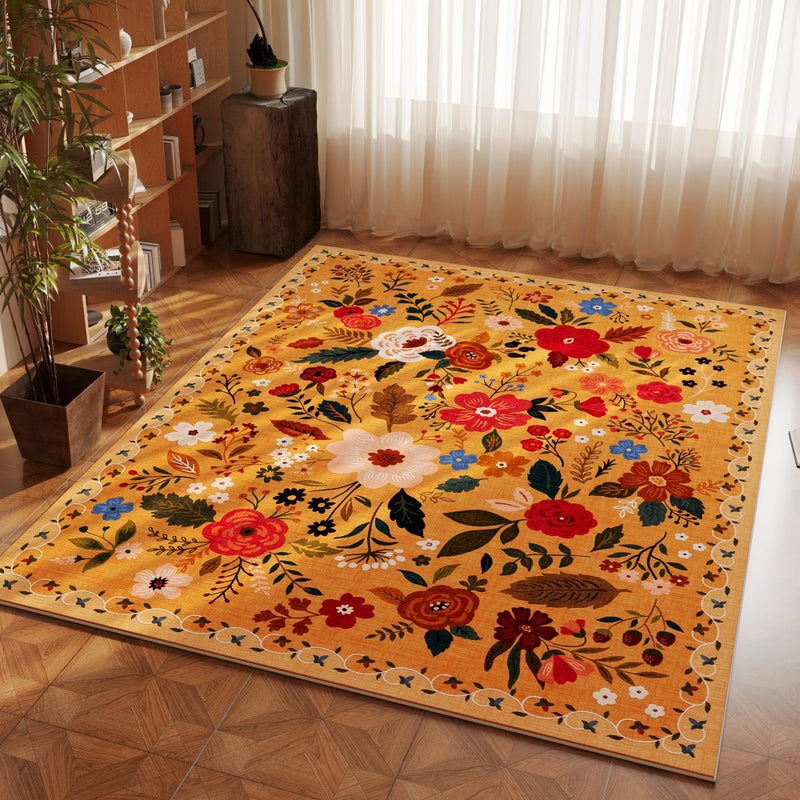 Rugcomf Area Rug 4x6 Rug Washable Boho Rugs Non Slip Low Pile Floral Small Carpet for Bedroom, Bedside, Kids Room, Office, Dining Room(Yellow) - Image 1