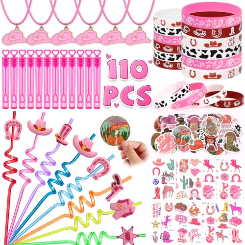SNLN 110Pcs Cowgirl Party Favors Hot Pink Princess Birthday Supplies for Girls Cowgirl Straws Necklace Bubble Wands Silicone Bracelet Western Tattoo Stickers Rodeo Hot Pink Horse Party Favors - Image 1