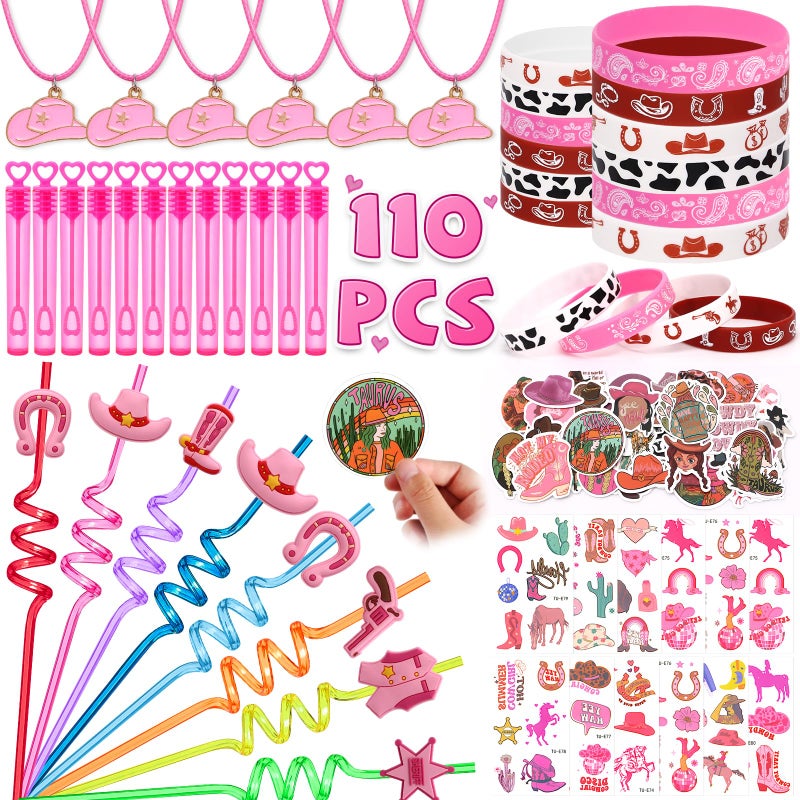 SNLN 110Pcs Cowgirl Party Favors Hot Pink Princess Birthday Supplies for Girls Cowgirl Straws Necklace Bubble Wands Silicone Bracelet Western Tattoo Stickers Rodeo Hot Pink Horse Party Favors - Image 3