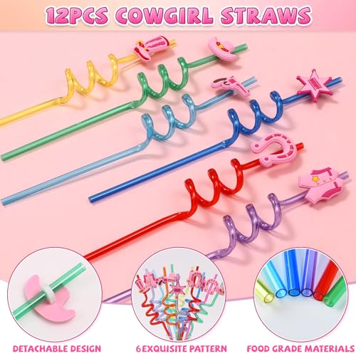 SNLN 110Pcs Cowgirl Party Favors Hot Pink Princess Birthday Supplies for Girls Cowgirl Straws Necklace Bubble Wands Silicone Bracelet Western Tattoo Stickers Rodeo Hot Pink Horse Party Favors - Image 5
