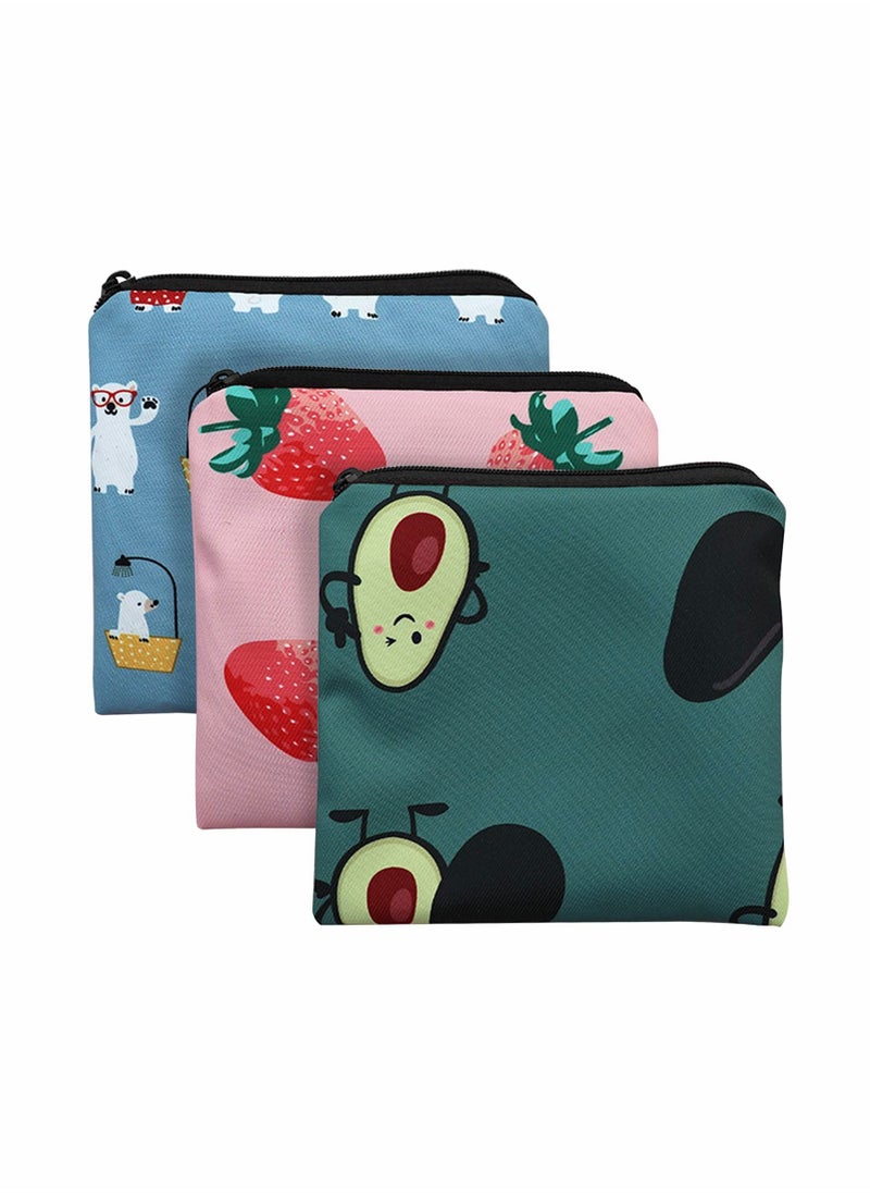 Sanitary Napkin Storage Bag, 3 Pack Cartoon Sanitary Napkin Pads Storage Bag with Zipper 5x5 inches First Period Bag for Girls, Women, Ladies - Image 1