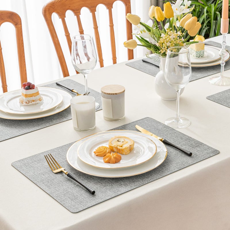 Romanstile Vinyl Placemats Set of 6-12 X 17 Inch - Faux Leather 100% Waterproof Oil-Proof Wipeable Place Mats, Heat Resistant Reversible PU Table Mats for Kitchen Dining Party Outdoor, Light Grey - Image 2
