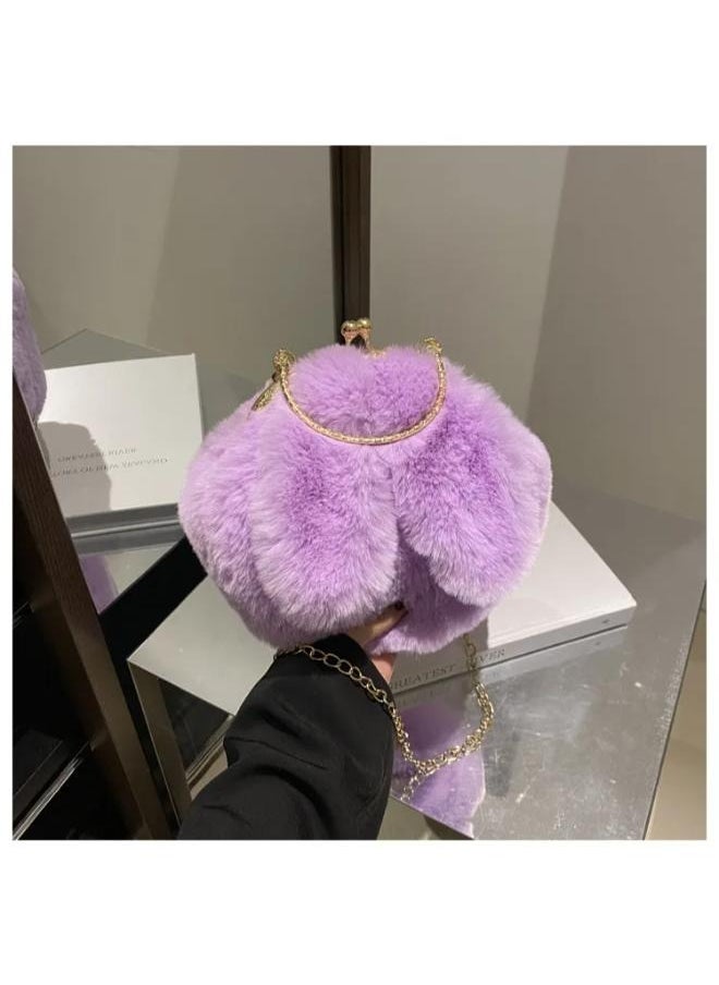Executive LLC - Cute Soft Rabbit Ear Sling Hand Bag With Smooth Zipper,Cross Body Bag For Girls,Clutch Purse with Gold Metal Chain Strap, Plush Side Bag, Shoulder hand Purse(Purple) - Image 1