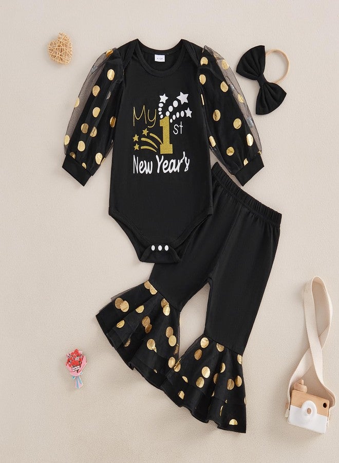 Gureui My First New Years Baby Girl Outfit 0 3 6 12 Months Newborn Long Sleeve Romper Onesie Flare Pants Clothes Set (A Black, 6-12 Months) - Image 2
