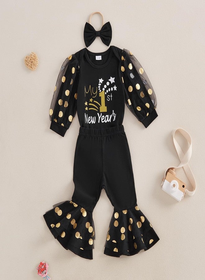 Gureui My First New Years Baby Girl Outfit 0 3 6 12 Months Newborn Long Sleeve Romper Onesie Flare Pants Clothes Set (A Black, 6-12 Months) - Image 3