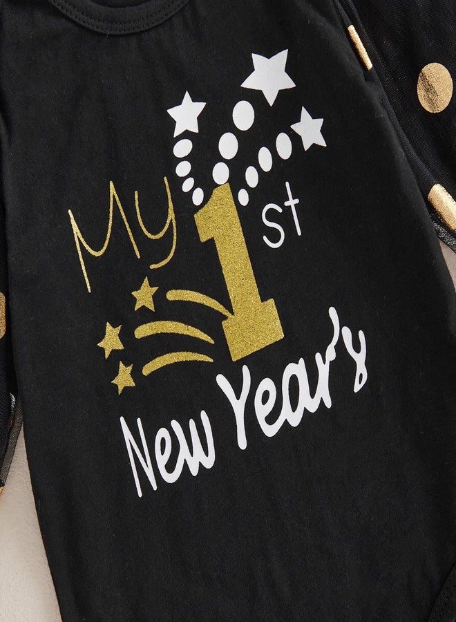 Gureui My First New Years Baby Girl Outfit 0 3 6 12 Months Newborn Long Sleeve Romper Onesie Flare Pants Clothes Set (A Black, 6-12 Months) - Image 5