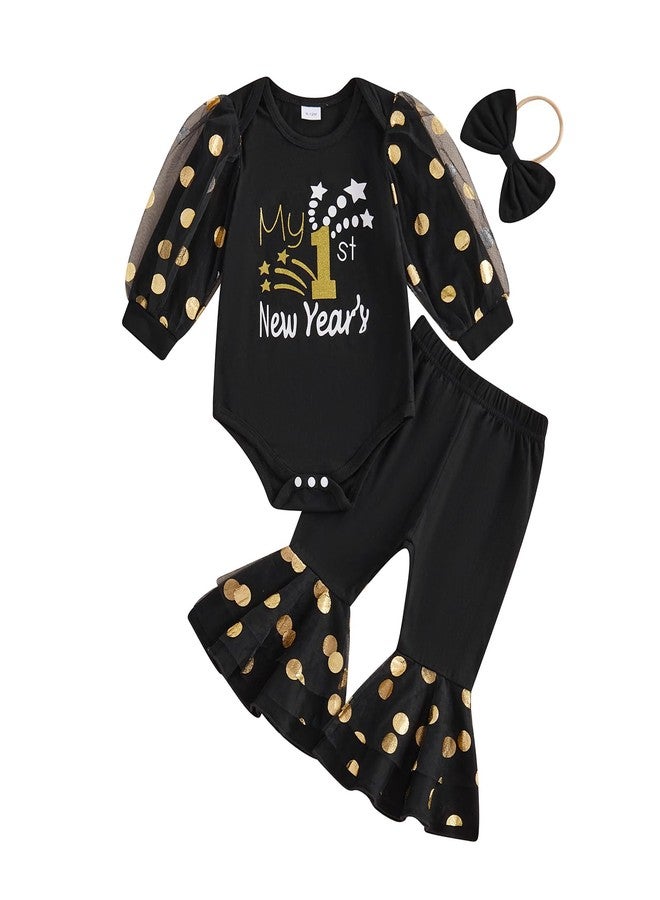 Gureui My First New Years Baby Girl Outfit 0 3 6 12 Months Newborn Long Sleeve Romper Onesie Flare Pants Clothes Set (A Black, 6-12 Months) - Image 1