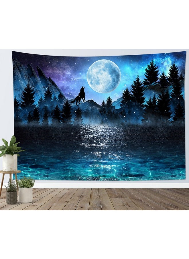 LB Moon Over Ocean Tapestry Wall Hanging Galaxy Wolf On Mountain Wall Tapestry 3D Fantasy Watercolor Starry Night Sky Forest Tapestry Wall Art For Bedroom Living Room Dorm Home Decor 60 X 40 Inch  - Image 1