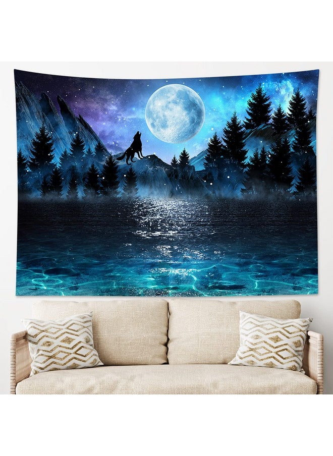 LB Moon Over Ocean Tapestry Wall Hanging Galaxy Wolf On Mountain Wall Tapestry 3D Fantasy Watercolor Starry Night Sky Forest Tapestry Wall Art For Bedroom Living Room Dorm Home Decor 60 X 40 Inch  - Image 3
