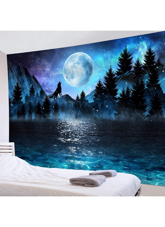 LB Moon Over Ocean Tapestry Wall Hanging Galaxy Wolf On Mountain Wall Tapestry 3D Fantasy Watercolor Starry Night Sky Forest Tapestry Wall Art For Bedroom Living Room Dorm Home Decor 60 X 40 Inch  - Image 4